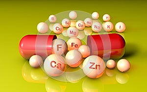 Essential chemical minerals and microelements. Healthy life concept. 3d illustration.