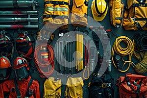 Essential firefighter gear and equipment organized on a dark background