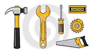 Essential Hand Tools and Caution Sign Vector Set