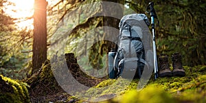 The essential hiking backpack and gear in a lush forest setting. AI generated image