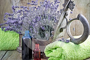 Essential lavender oil in bottle, massage treatment and arromatherapy, spa still life