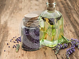 Essential lavender oil, herbal soap and bath salt