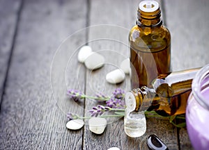 Essential lavender oil and spa stones, healthy lifestyle for relaxation
