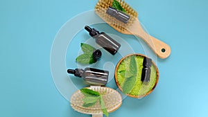 Essential mint oil and salt with mint extract, body brushes and fresh mint sprigs on bright blue background.Beauty and
