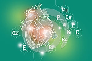 Essential nutrients for heart health including Q10, Calcium, Magnesium, Vitamin F.