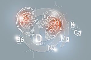 Essential nutrients for Kidneys health including Natrium, Magnesium, Vitamin B6, Calcium.