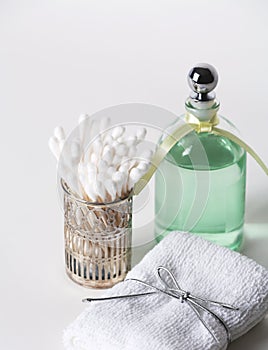 Essential Oil and Bath Cloth and Cotton Swabs