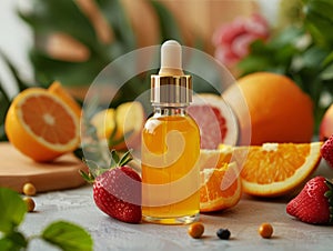 Essential oil blend in drop bottle with orange fruit