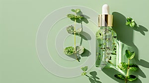 Essential oil. Botanical extract in a dropper bottle with green leaves around. Concept of herbal essence, natural
