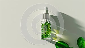 Essential oil. Botanical extract in dropper bottle with green leaves around. Light background. Concept of essence