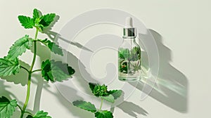 Essential oil. Botanical extract in dropper bottle with green leaves around. Light background. Concept of essence