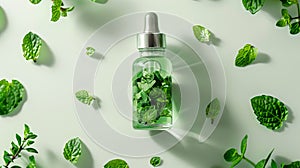 Essential oil. Botanical extract in dropper bottle with green leaves. White background. Concept of essence, natural