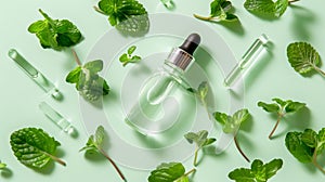 Essential oil. Botanical extract in a transparent dropper bottle with green leaves around. Concept of herbal essence