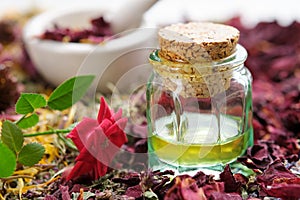 Essential oil bottle, rose flower and dried rose petals. Mortar of medicinal herbs on background.