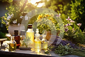essential oil bottles and flowers herbs in garden, flowers harvesting, extraction absolute production, Generative AI
