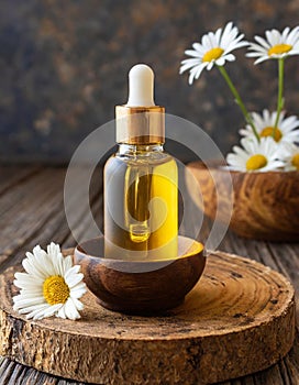 essential oil and camomile flowers