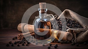 Essential oil of clove rustic . Close up glass bottle of clove oil and cloves in wooden shovel on burlap sack. Generative ai