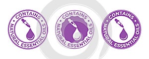 Essential oil contain, drop and dropper icon, beauty and skincare products vector tag. Contains natural essential oils, cosmetic