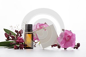 Essential oil, empty tags and roses flowers