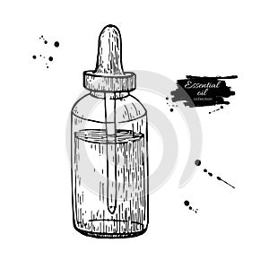 Essential oil glass bottle hand drawn vector illustration. Isolated drawing for Aromatherapy treatment, alternative