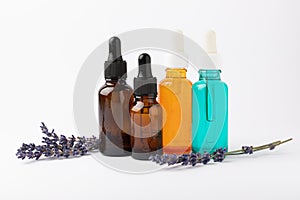 Essential oil in a glass bottle with a pipette.