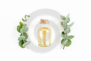 Essential oil and green branches, leaves eucalyptus on white background. Medicinal herbs. Flat lay. Top view.