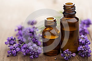 Essential oil and lavender flowers