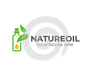 Essential oil logo design. Natural oil with fresh herbs vector design photo