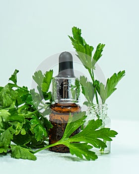 Essential oil of parsley. Glass bottle of parsley essential oil with a fresh bunch of parsley, green vegetable oil concept