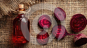 essential oil of red beet on the background of burlap top view photo