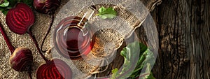 essential oil of red beet on the background of burlap top view photo