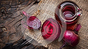 essential oil of red beet on the background of burlap top view photo