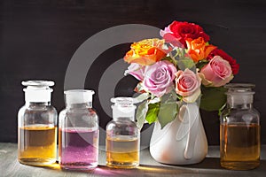 Essential oil and rose flowers aromatherapy spa perfumery