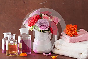 Essential oil and rose flowers aromatherapy spa perfumery