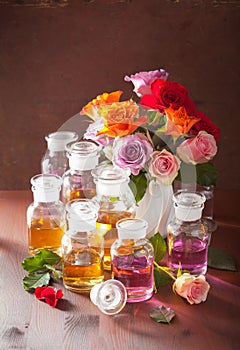 Essential oil and rose flowers aromatherapy spa perfumery photo