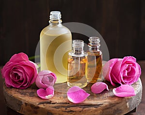 Essential oil and rose flowers aromatherapy spa perfumery