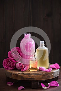 Essential oil and rose flowers aromatherapy spa perfumery photo