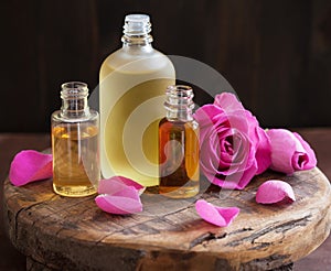 Essential oil and rose flowers aromatherapy spa perfumery