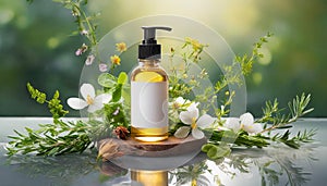 essential oil or soap with dispenser on table with fresh flowers on green background