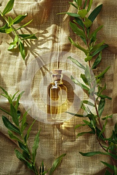 essential oil of tea tree on the background of burlap top view