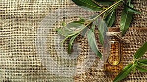 essential oil of tea tree on the background of burlap top view