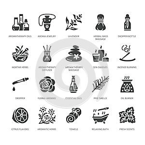 Essential oils aromatherapy vector flat glyph icons set. Elements - aroma therapy diffuser, oil burner, candles, incense