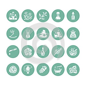 Essential oils aromatherapy vector flat glyph icons set. Elements - aroma therapy diffuser, oil burner, candles, incense