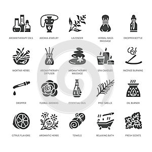Essential oils aromatherapy vector flat glyph icons set. Elements - aroma therapy diffuser, oil burner, candles, incense photo