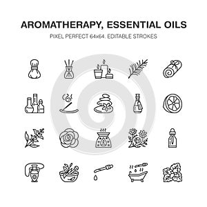 Essential oils aromatherapy vector flat line icons set. Elements - aroma therapy diffuser, oil burner, candles, incense