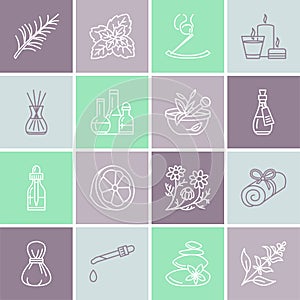 Essential oils aromatherapy vector line icons set. Elements - aroma therapy diffuser, oil burner, candles, incense