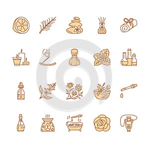 Essential oils aromatherapy vector line icons set. Elements - aroma therapy diffuser, oil burner, candles, incense photo