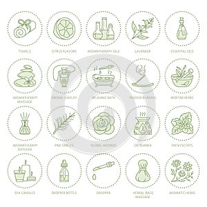 Essential oils aromatherapy vector line icons set. Elements - aroma therapy diffuser, oil burner, candles, incense