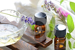 Essential oils and cosmetics with lavender and herbs