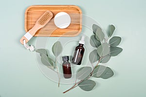 Essential oils, facial creme container and massage brush with natural eucalyptus leaves on green background. Beauty products,